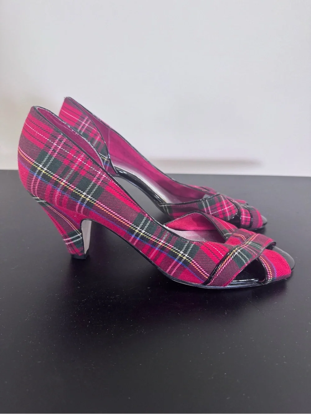 Seychelles Red Tartan Plaid Peep-Toe Heels